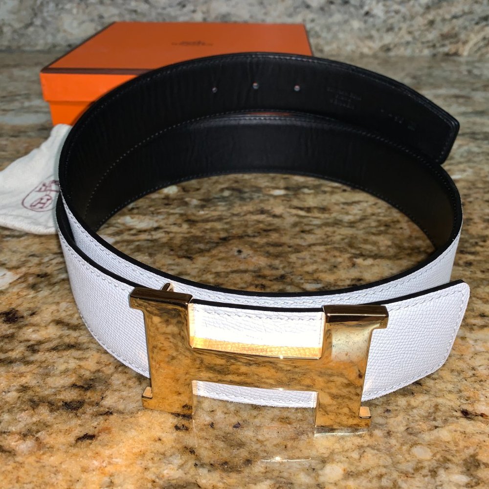 RARE HERMÈS SE W/B Reversible 42MM 24Kt Goldplating Buckle Belt Sz 95 Ret $4,020